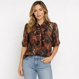 East 5th Blouse Large Brown Abstract Mesh Sheer Ruffle Front Short Sleeve Top